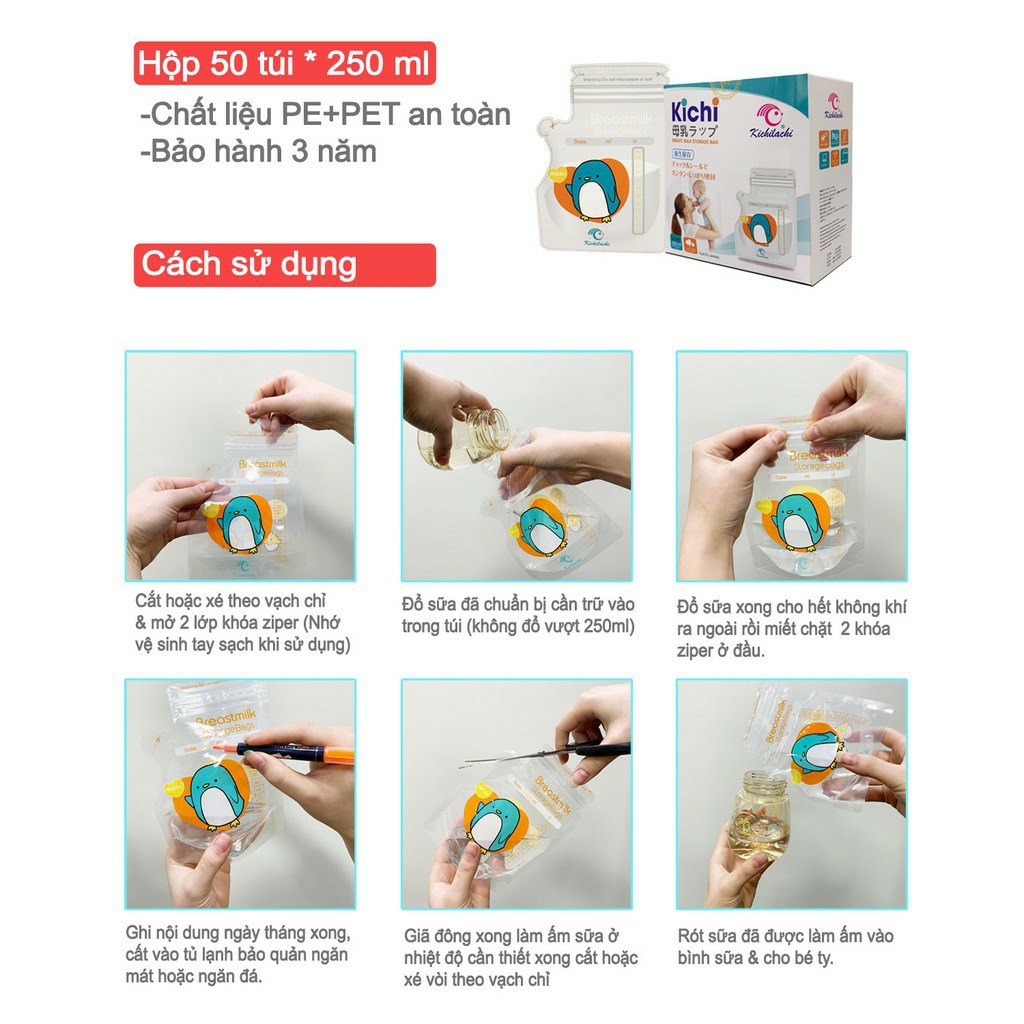 10 Túi / HỘP 50 Túi trữ sữa mẹ 250ml KICHILACHI KICHI K50V (Công Nghệ Nhật)