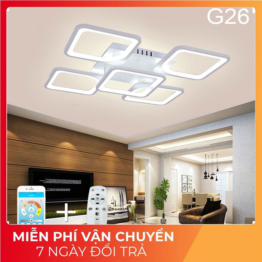 ĐÈn trần trang trí phòng khách , Đèn led ốp trần G26 5 cánh vuông hiện đại, có điều khiển tăng chỉnh ánh sáng từ xa