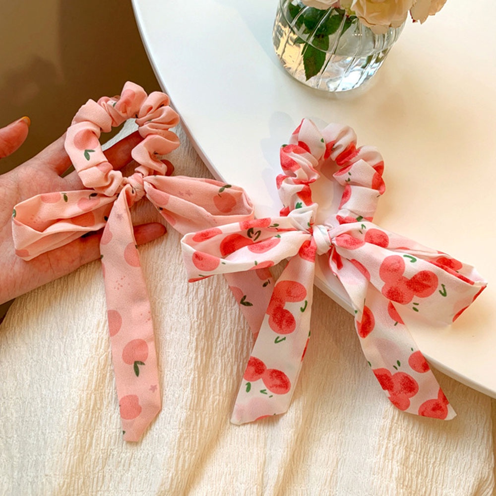 Dây cột tóc với ruy băng chiffon thắt nơ họa tiết hoa thanh lịch phong cách Hàn Quốc dành cho nữ