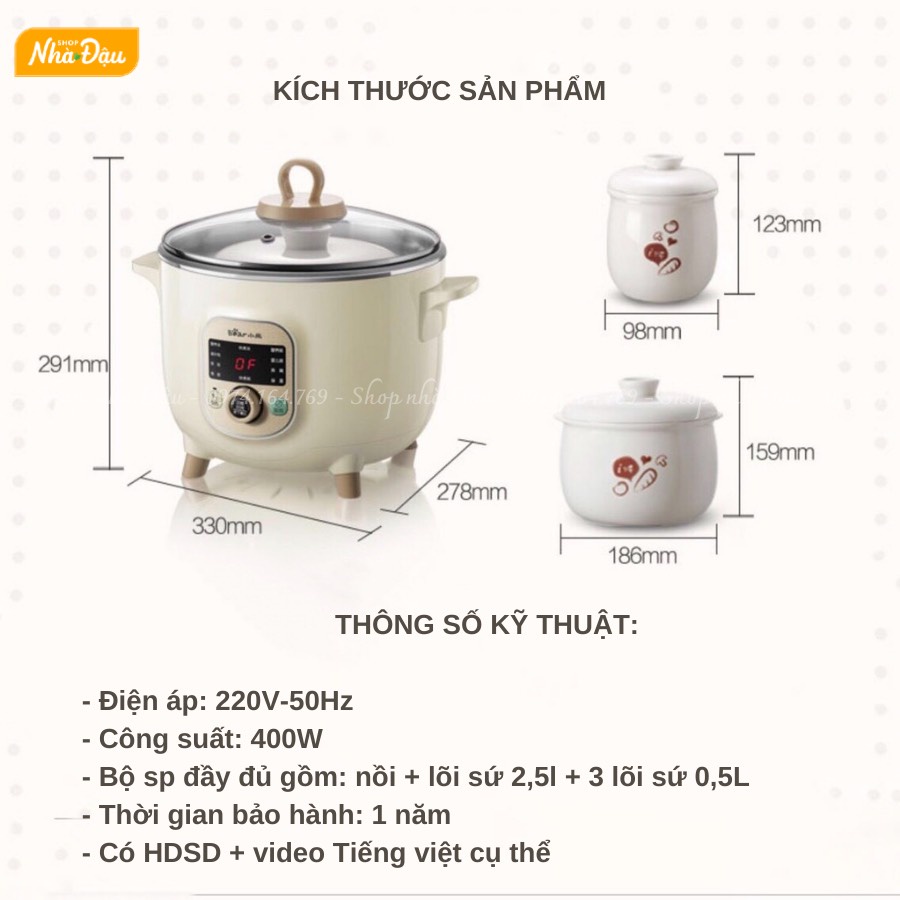 Nồi Nấu Cháo Chậm BEAR 1.6 lít[Hàng Sẳn,Bản Quốc Tế]