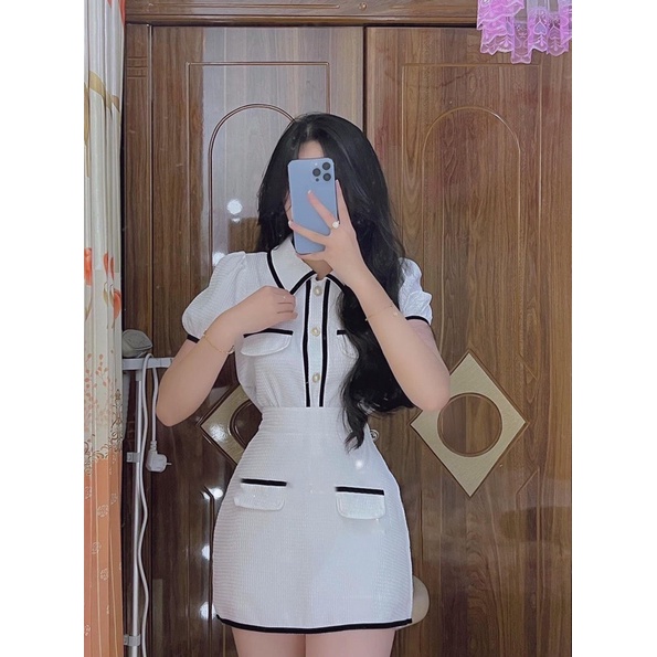 SET ÁO DẠ XỐP CỔ SEN VIỀN ĐEN + CHÂN VÁY
