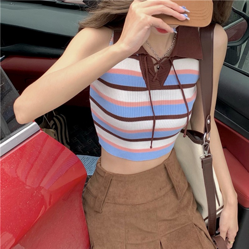 Áo dệt kim ZHELIHANGFEI không tay cổ bẻ họa tiết kẻ sọc phong cách retro thời trang cho nữ