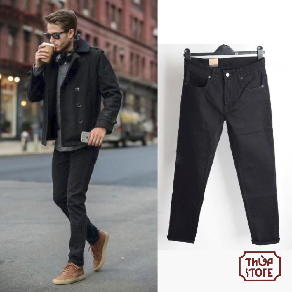 Quần Jean nam co dãn, màu đen, dáng ôm, dày dặn