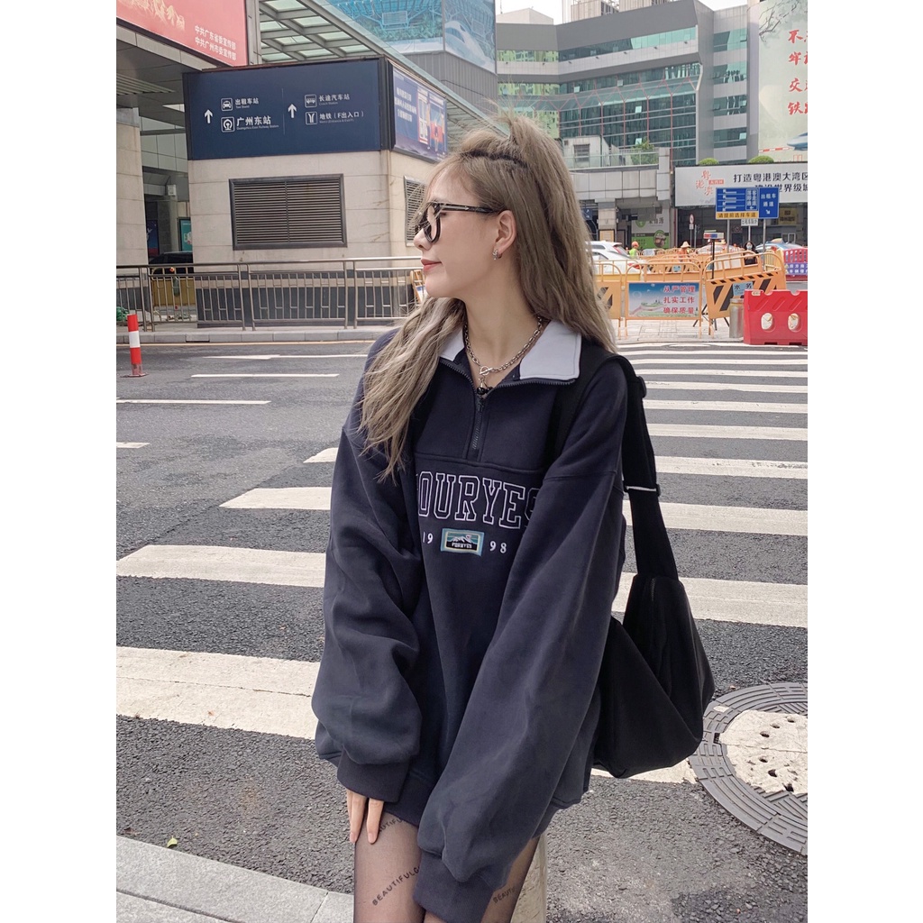 Áo sweater tay bồng khóa cổ FOURYES dáng rộng unisex/ Áo nỉ thu đông in họa tiết chữ trẻ trung năng động_Nano Ulzzang | BigBuy360 - bigbuy360.vn