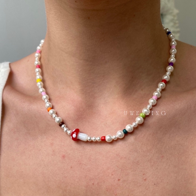 Vòng cổ hạt cườm phối charm nấm mushroom UWEARING phong cách độc đáo
