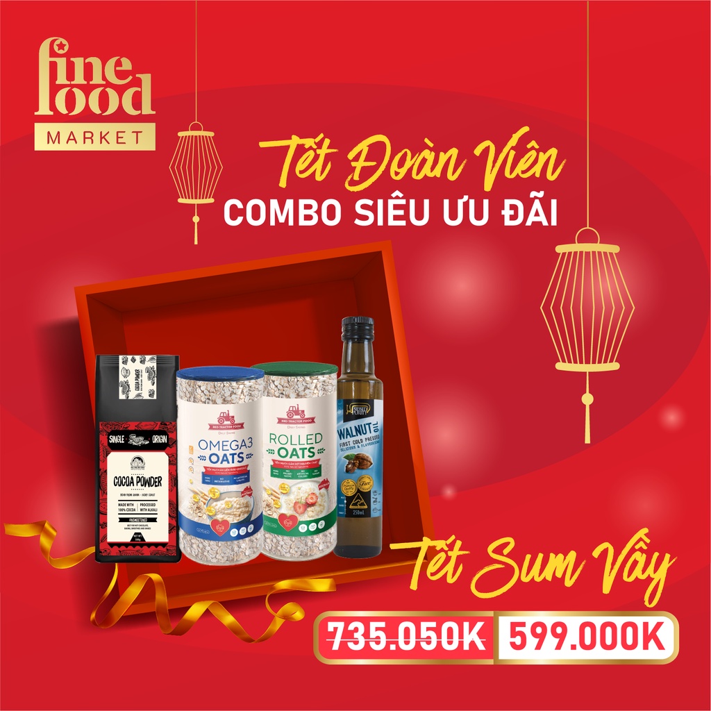 Combo món quà Tết Sum vầy Cacao Red tractor 500gr + Dầu óc chó 250ml + Yến mạch Red tractor Omega3 500gr + Rolled 400gr