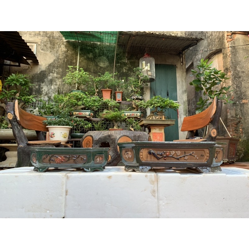 Chậu bon sai chữ nhật chân quỳ  - bộ 2 cái