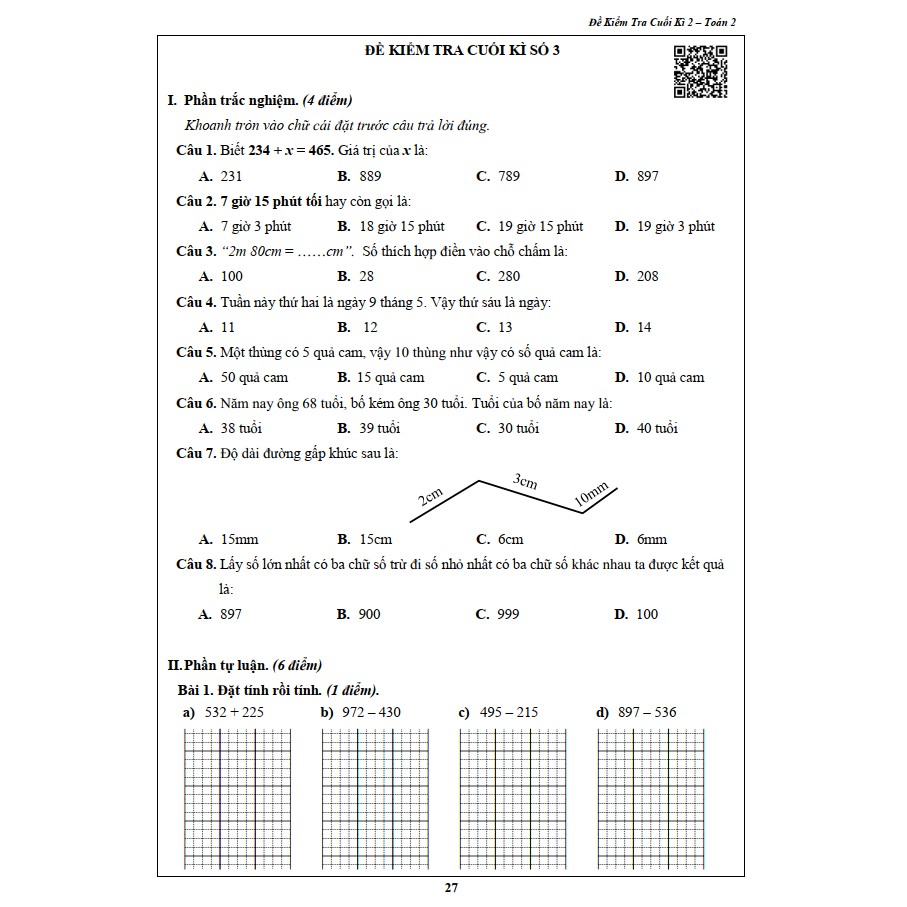 Sách - Đề Kiểm Tra Toán 2 - Học Kì 2 (1 cuốn)