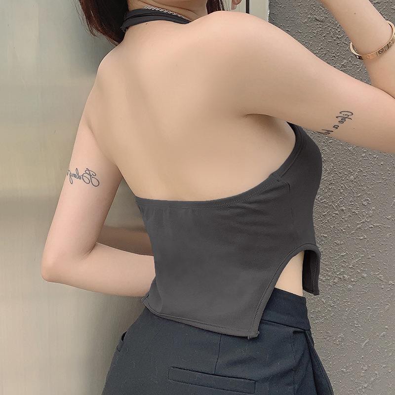 Áo Croptop Cổ Yếm Màu Than Chì Thêu Chữ Thời Trang Cho Nữ | BigBuy360 - bigbuy360.vn