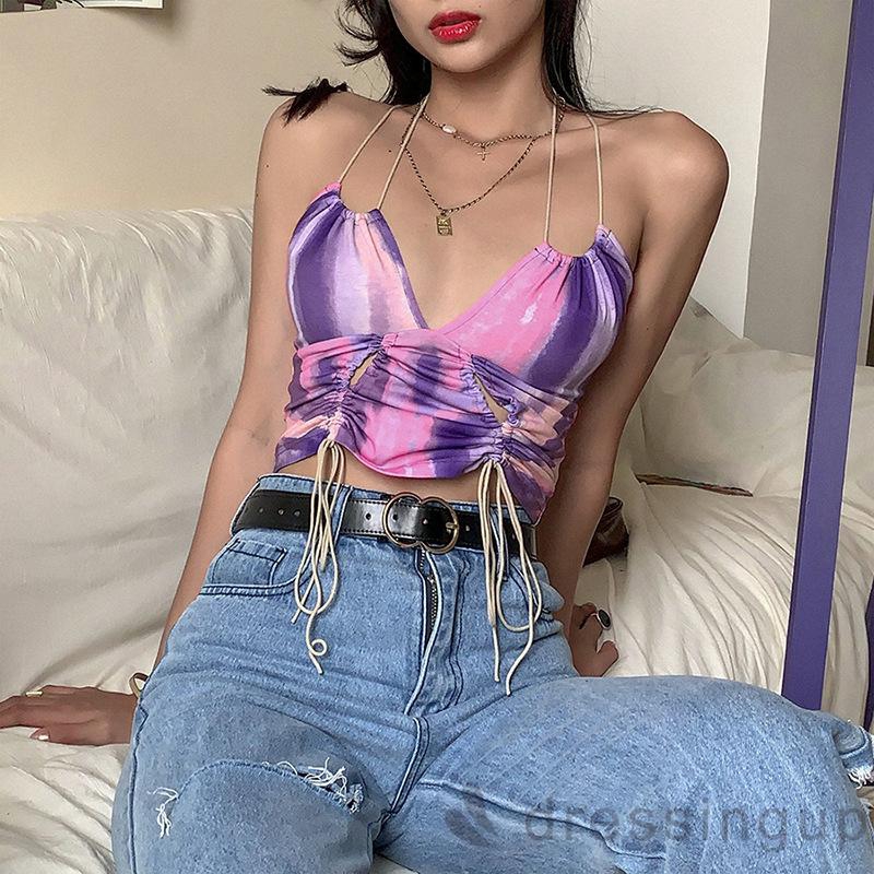 d❃♪Women´s Fashion Tie-Dye Summer Sexy Backless V-Neck Drawstring Top | BigBuy360 - bigbuy360.vn