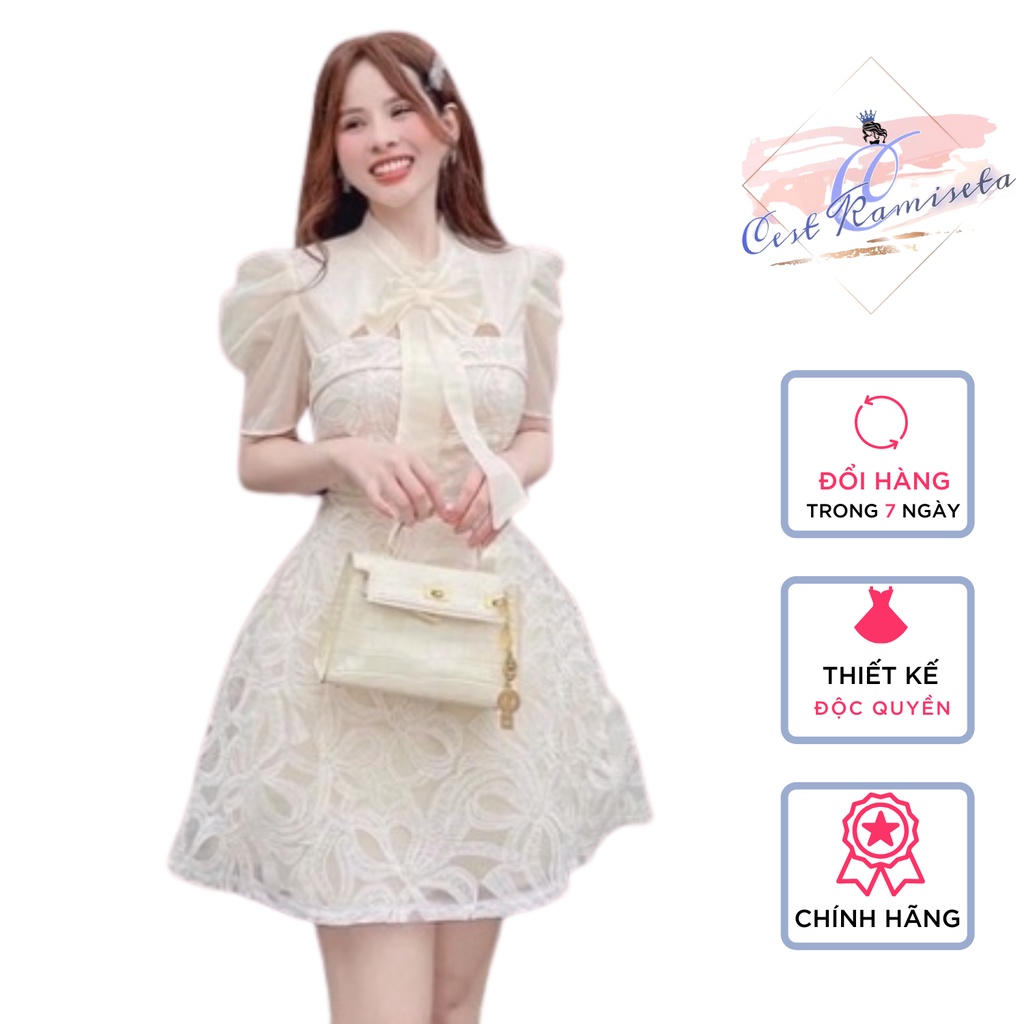 Váy trắng tiểu thư xòe cổ nơ Cest Kamiseta thiết kế hai lớp mềm mại phù hợp đi chơi dự tiệc đám cưới