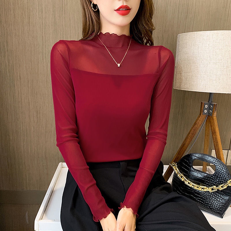 Áo Kiểu Tay Dài Cổ Lọ Phối Ren Lưới Mỏng Dáng Ôm Thời Trang Cao Cấp Cho Nữ