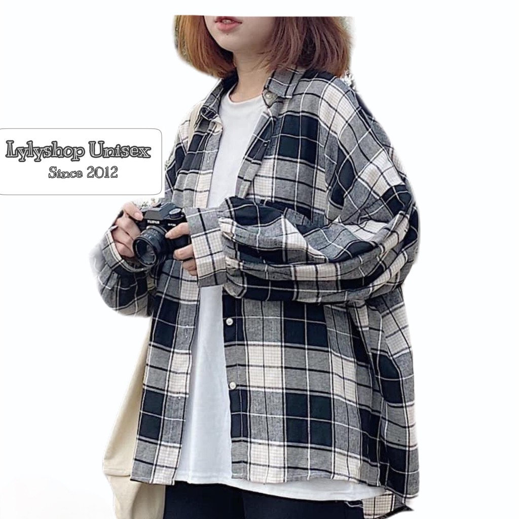 Áo sơ mi nữ kẻ caro Lylyshop, áo sơ mi nữ form rộng tay phồng freesize phong cách unisex - ullzang - sơ mi kẻ đen trắng | BigBuy360 - bigbuy360.vn