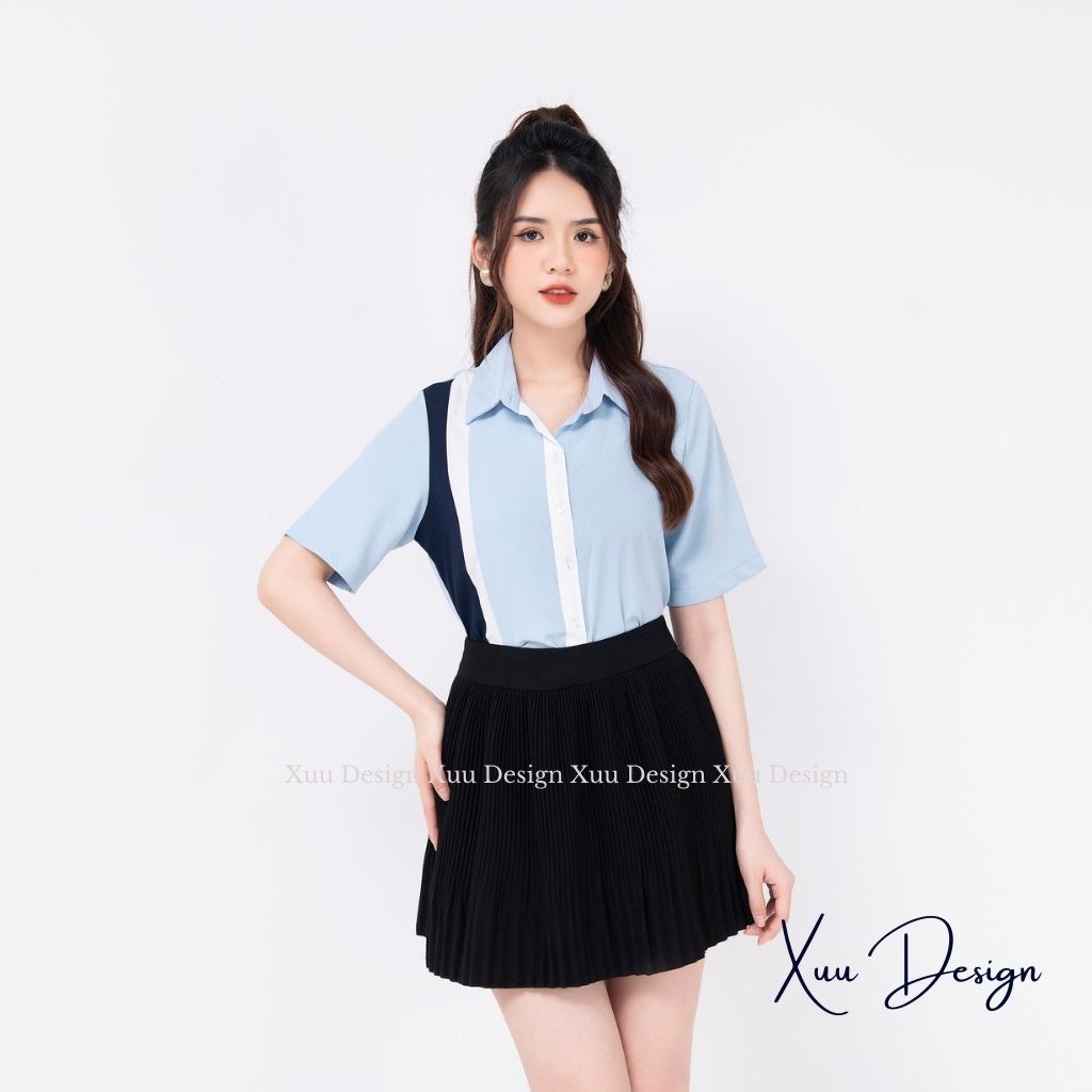 Áo sơ mi nữ cộc tay Xuu Design, Áo kiểu nữ tay ngắn phối kẻ màu kiểu cách chất vải chống nhăn lên form chuẩn - SK09