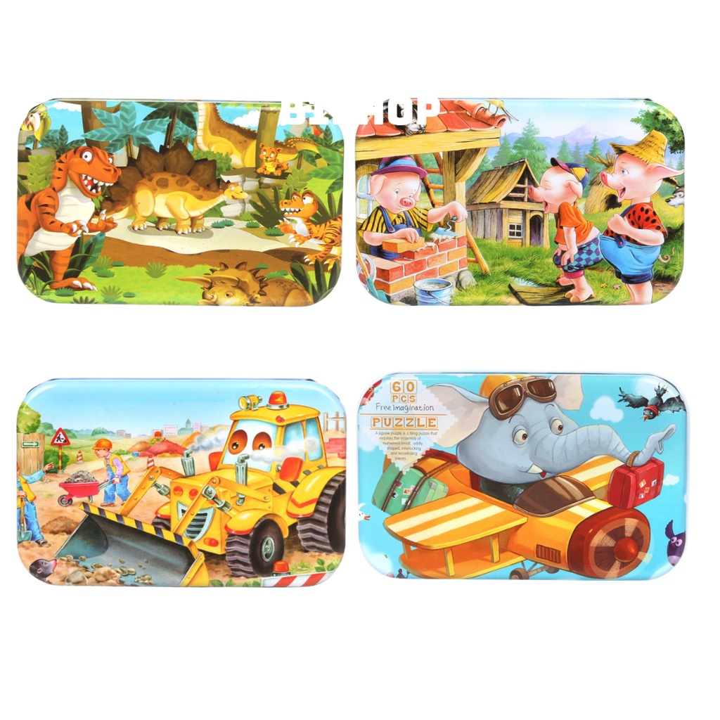 Bộ Đồ Chơi Tranh Ghép Hình Puzzle Bằng Gỗ 60 Miếng Cho Bé Với Hộp Đựng Bằng Thiếc Giúp Bé Phát Triển Trí Thông Minh