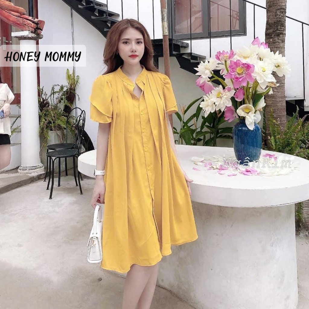 Váy Bầu Sơ Mi Cổ Tàu Xếp Ly Dáng Suông Công Sở Đầm Bầu Hè Ngắn Tay Đi Làm HD2626 Honey Mommy