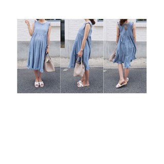 Váy bầu (Đầm bầu) xanh sát vai cao cấp 2019