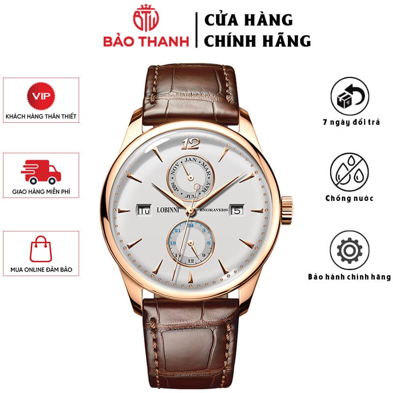 Đồng Hồ Nam LOBINNI No.1803 Chính Hãng BH 24T Chịu Nước 50m Kính Chống Xước Dây Da Cao Cấp (Máy Cơ Tự Động)
