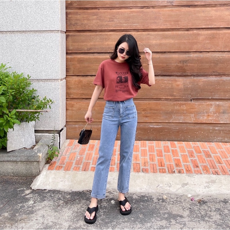 Surichau - Quần jeans suông 2 túi trước dáng đứng