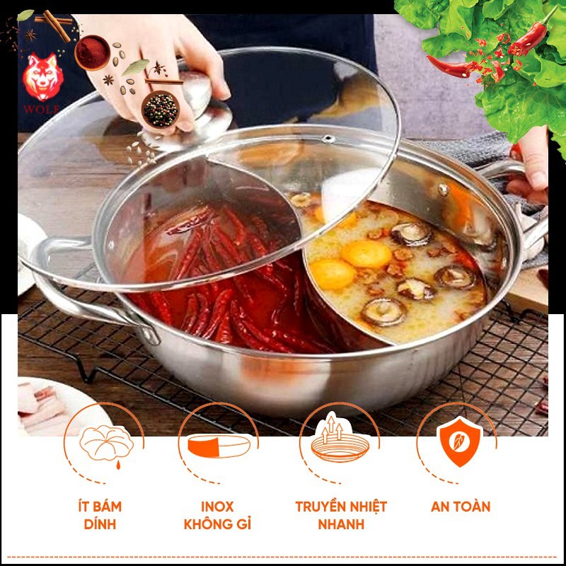 Nồi Lẩu Inox Hai Ngăn Đa Năng Nấu Được Bếp Từ Có Nắp Kính