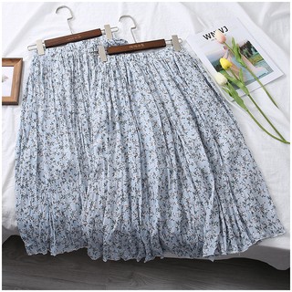 Chân váy hoa nhí xếp ly nhuyễn màu xanh da trời, xanh pastel lưng thun