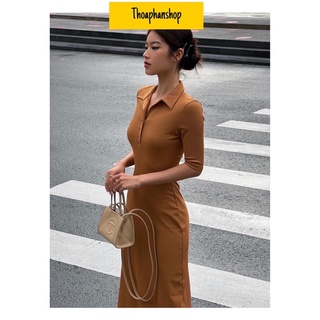 Đầm polo body nâu tay lỡ midi