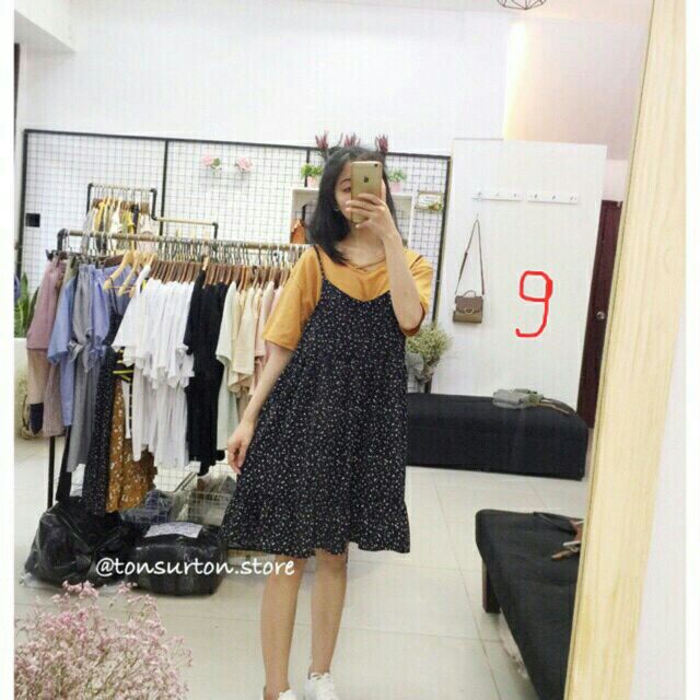 pass Set đầm 2 dây babydoll 2 dây+ áo thun trắng