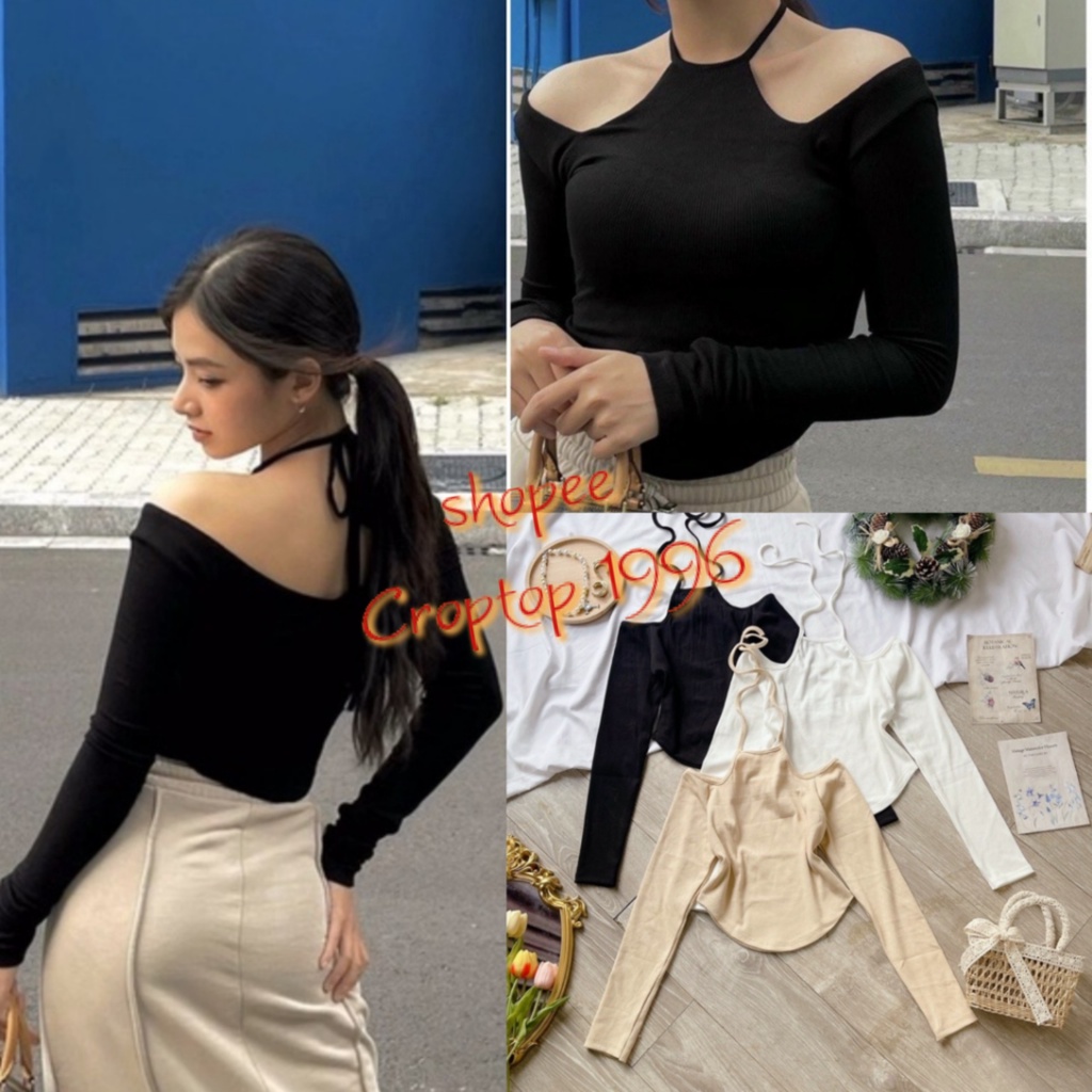Áo Croptop dài tay thu đông , vai trễ dây choàng cổ điệu đà CRT.02