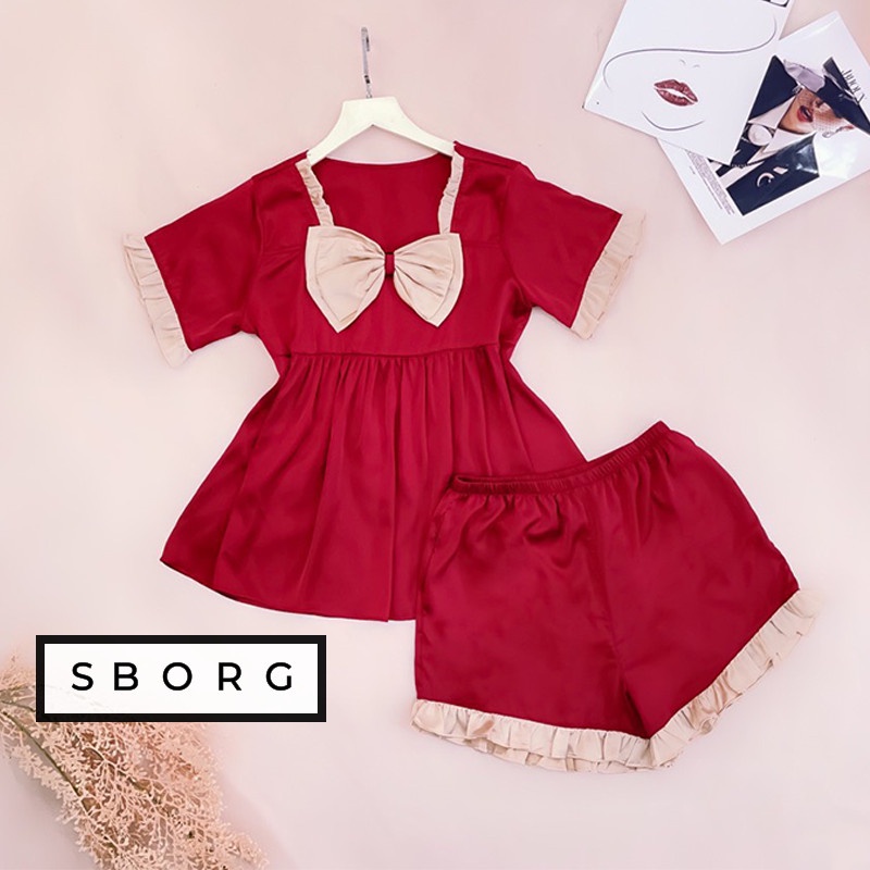 Đồ ngủ cute SBORG đồ bộ mặc nhà lụa latin áo babydoll đính nơ cute quần đùi viền bèo freesize dưới 65kg quà tặng vợ