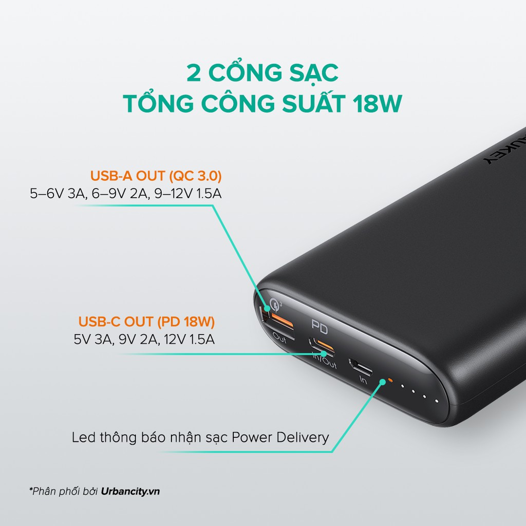 Combo AUKEY Sạc 15.000 mAh PB-Y39, Cốc Sạc Nhanh PA-F3S, Cáp C-Lightning CB-CL