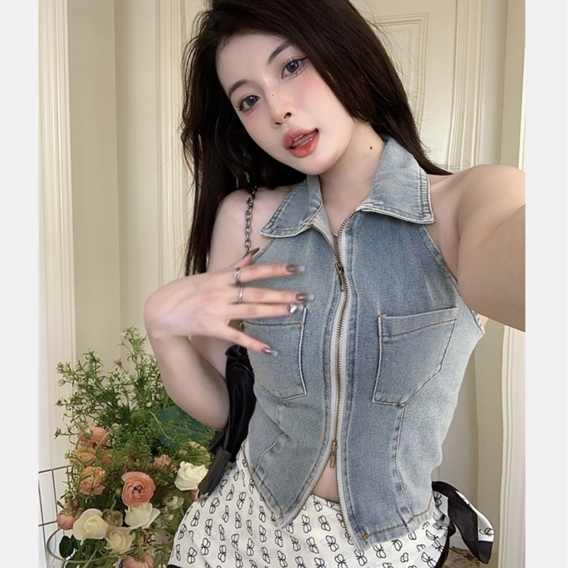 Áo Denim Không Tay Thiết Kế Quyến Rũ Thời Trang