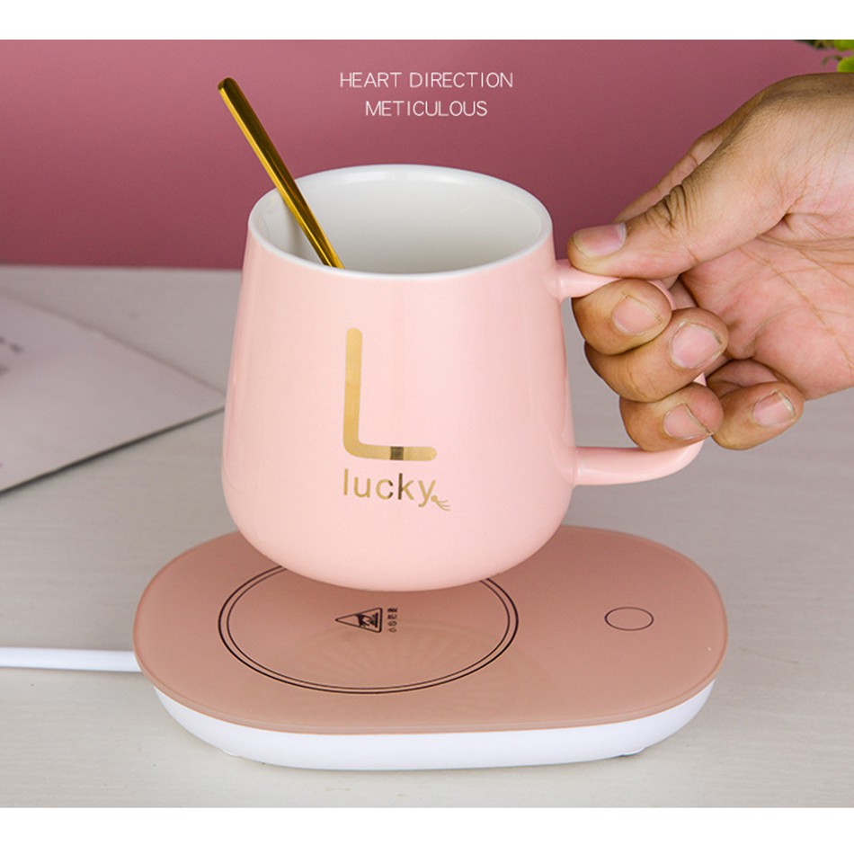 [Quà tặng cao cấp] - Bộ cốc sứ tráng men giữ nhiệt pha trà và cafe - Kèm thìa mạ vàng - Màu hồng