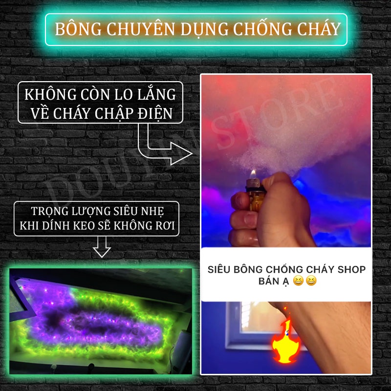 Combo bông gòn keo xịt làm đèn đám mây sấm chớp trang trí phòng ngủ trôi 5m 10m + dây led argb