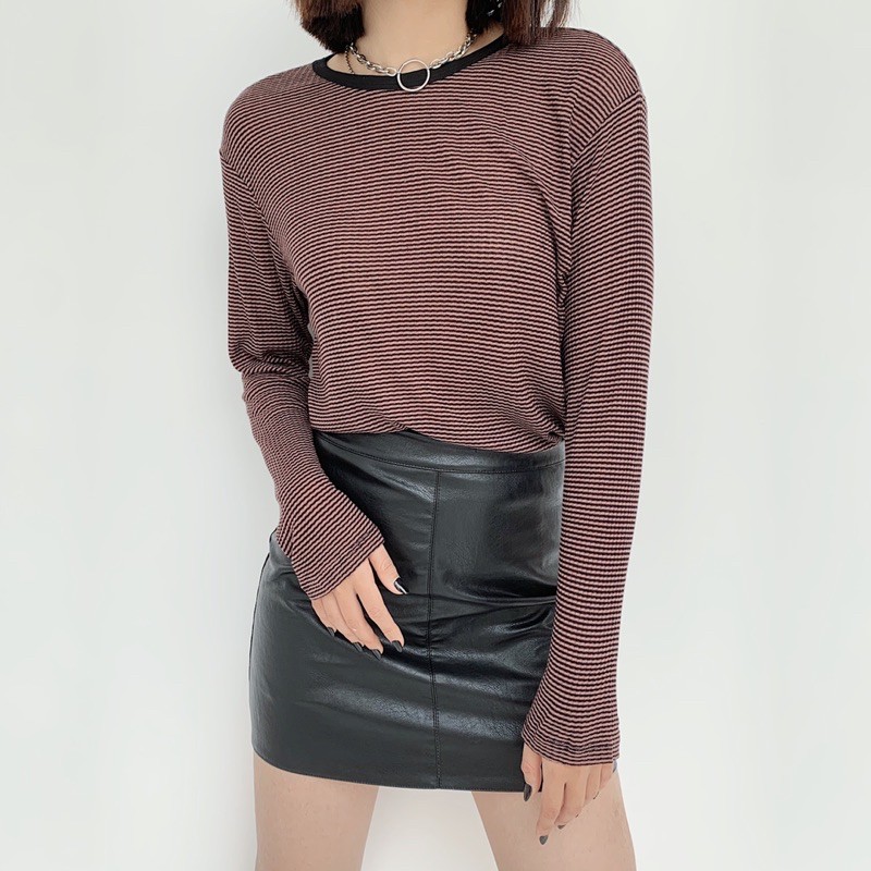 Áo len dài viền cổ đen sọc nâu (453PN) | BigBuy360 - bigbuy360.vn