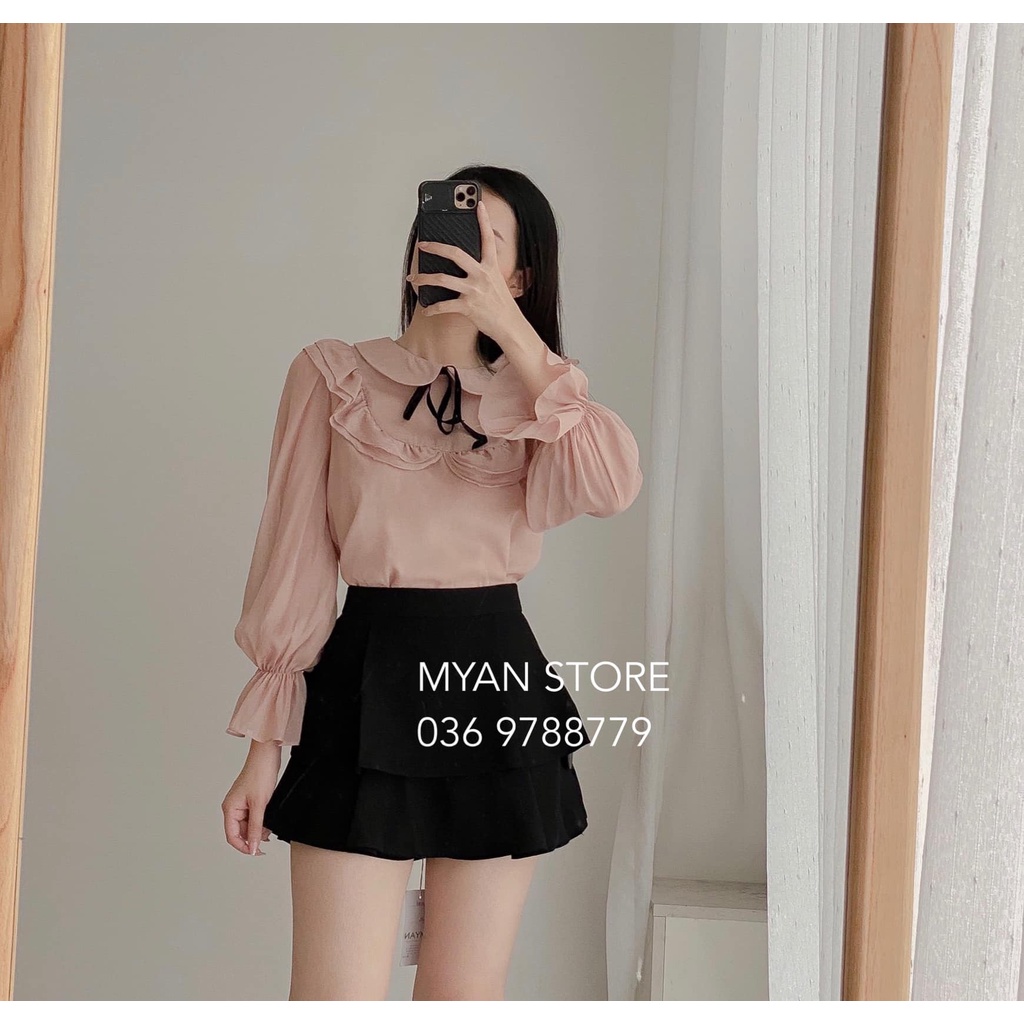 Áo tơ cổ sen nơ đen bèo yếm, chun tay avn042104