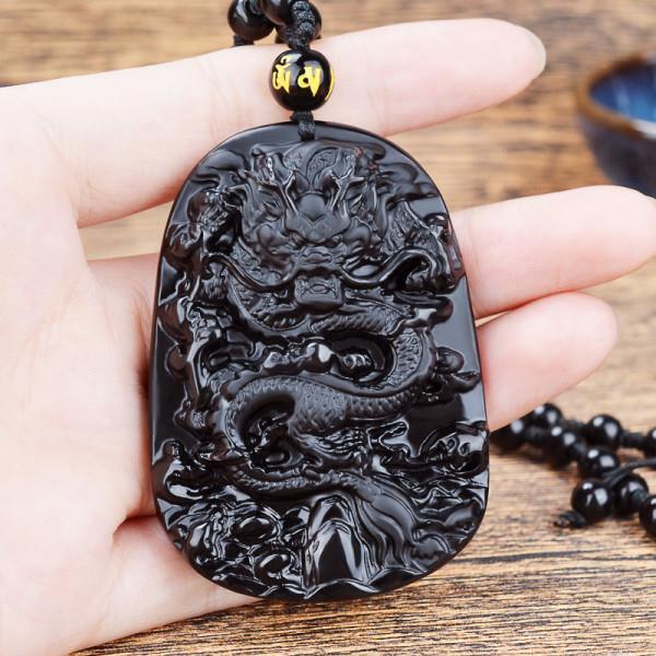 Dây Chuyền Mặt Đá Obsidian Hình Rồng Chất Lượng Dành Cho Nam Và Nữ