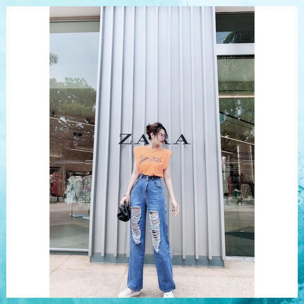 [TH Jeans] Quần bò dài rách dáng suông, quần jeans lưng cao túi chéo 2 khuy. Mã D3160
