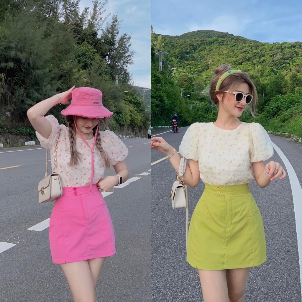 SET ÁO HOA TAY BỒNG + CHÂN VÁY XANH CHUỐI KAKI