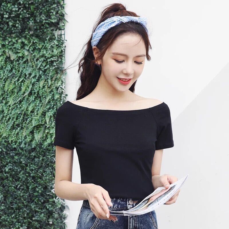 Áo Thun Cotton Trễ Vai Ngắn Tay Màu Trơn Phong Cách Hàn Quốc N250 [95