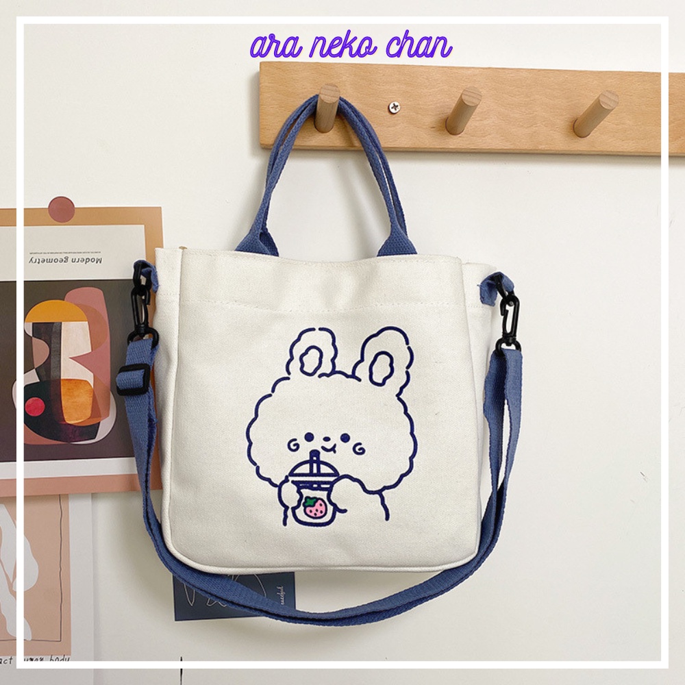 Túi Tote Đeo Chéo Nữ Cute Đi Học Đi Chơi Hình Gấu Dễ Thương Vải Canvas (Kèm Sticker gắn)
