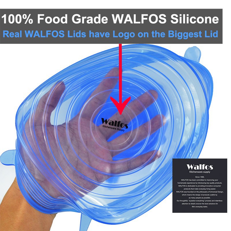 6 Nắp đậy thực phẩm giữ tươi WALFOS bằng silicon đàn hồi cấp thực phẩm có thể tái sử dụng 5 màu tùy chọn