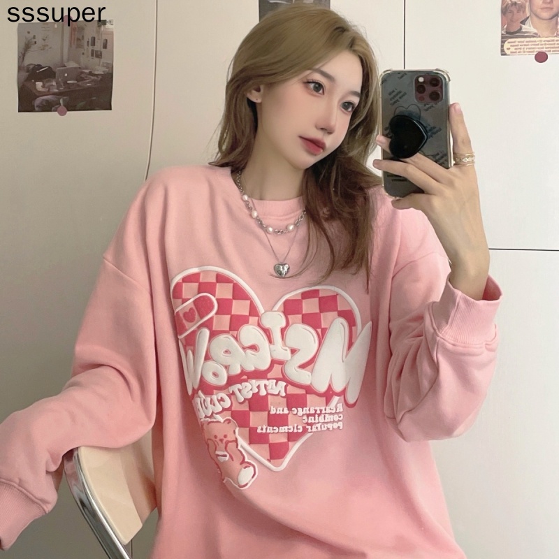 Áo Nỉ Cổ Tròn In Hình Trái Tim Ca Rô Thời Trang Dành Cho Nữ