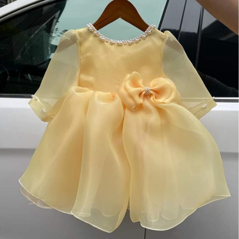 Đầm bé gái dáng xòe tay lỡ viền ngọc đính nơ nhỏ voan tơ mềm mại - Shop Mẹ Nấm