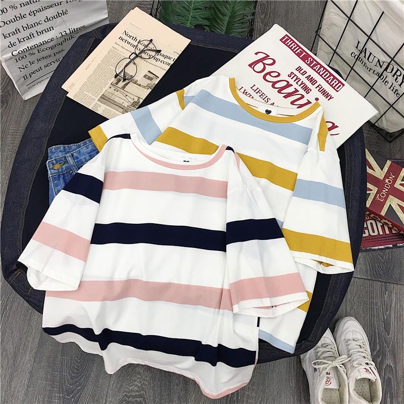 NUZIRO  Áo thun tay ngắn cổ tròn dáng rộng họa tiết kẻ sọc kiểu dáng Hàn Quốc dễ thương cho nữ