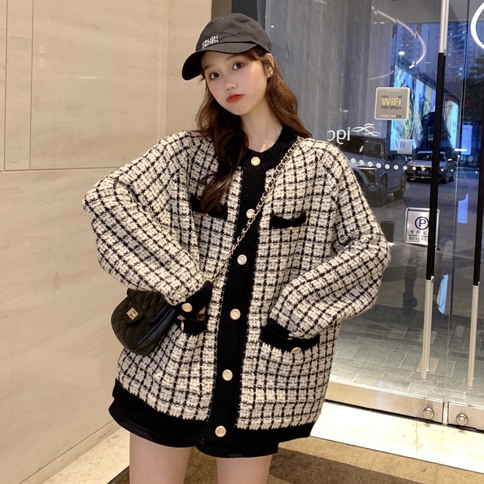 Áo  khoác cardigan len nữ dạ tweed Quảng châu họa tiết ziczac  màu xanh kem phong cách hàn quốc vintage ulzzang AC2