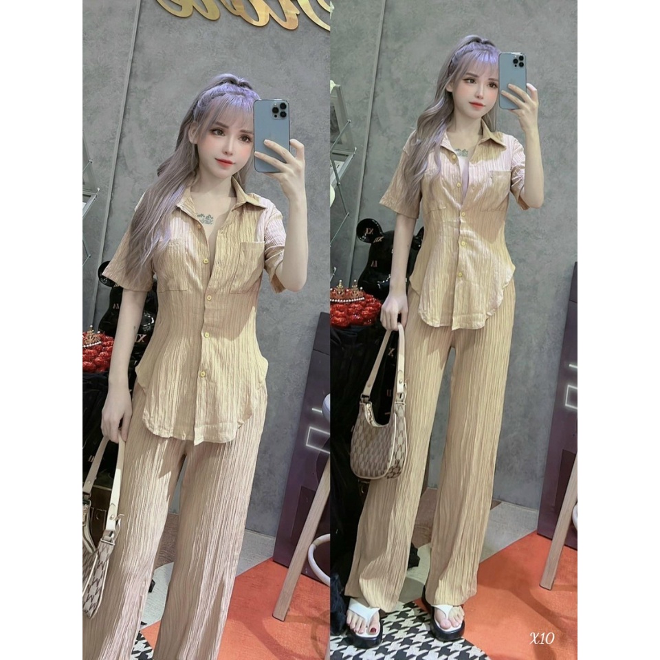 [Set bộ] Set áo và quần đi chơi phong cách đơn giản, dễ thương với quần dài ống rộng kèm áo sơ mi ngăn tay tà bầu