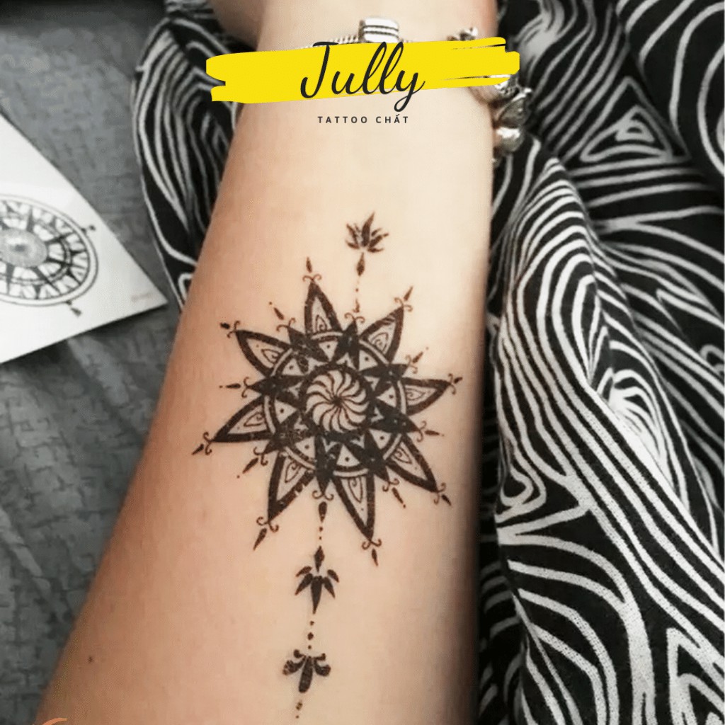 Hình xăm dán họa tiết đối xứng hình hoa cúc JULLY Tattoo chất, miếng dán chống nước, xăm tạm thời