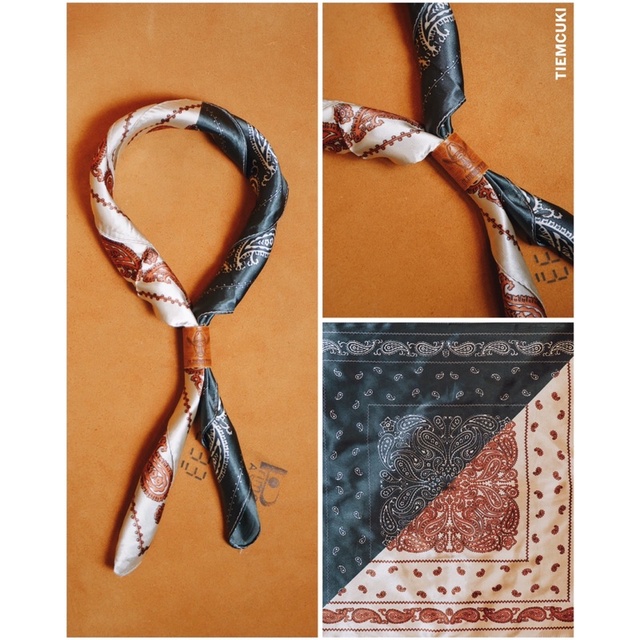 Khăn Bandana vintage kèm nút thắt khăn bằng da thủ công khổ 55-60Cm