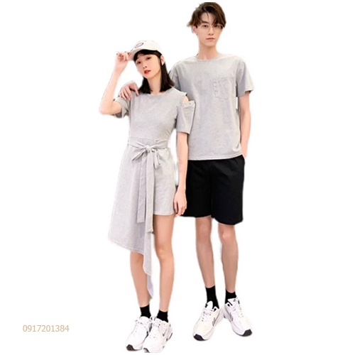 Đồ cặp nam nữ váy cách điệu vạt ngắn dài kết hợp nơ xinh xắn và thun nam cổ tròn