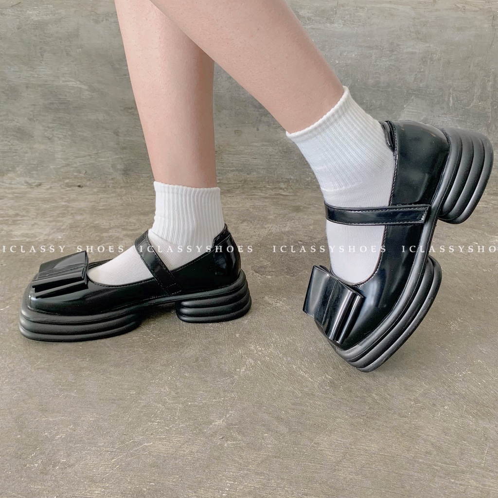 Giày Lolita Ulzzang Vintage Giày Mary Jane Mũi Vuông Nơ Xếp Chồng Quai Mảnh Khóa Dán Đế Độn 5cm Hàn Quốc-Iclassy_shoes